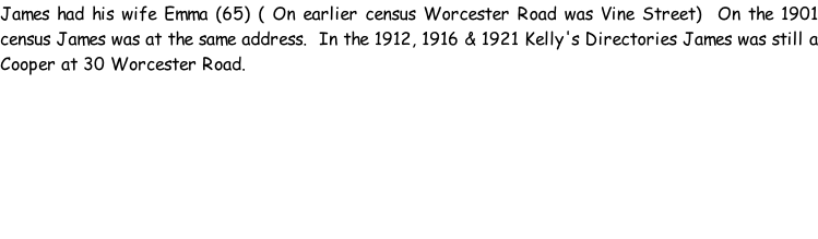 James had his wife Emma (65) ( On earlier census Worcester Road was Vine Street)  On the 1901 census James was at the same address.  In the 1912, 1916 & 1921 Kelly's Directories James was still a Cooper at 30 Worcester Road.