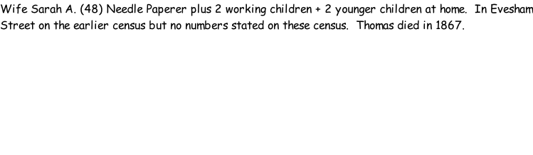 Wife Sarah A. (48) Needle Paperer plus 2 working children + 2 younger children at home.  In Evesham Street on the earlier census but no numbers stated on these census.  Thomas died in 1867.