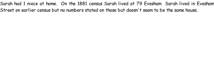 Sarah had 1 niece at home.  On the 1881 census Sarah lived at 79 Evesham  Sarah lived in Evesham Street on earlier census but no numbers stated on those but doesn't seem to be the same house.