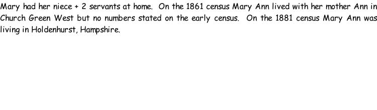 Mary had her niece + 2 servants at home.  On the 1861 census Mary Ann lived with her mother Ann in Church Green West but no numbers stated on the early census.  On the 1881 census Mary Ann was living in Holdenhurst, Hampshire.