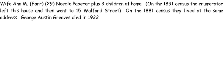 Wife Ann M. (Farr) (29) Needle Paperer plus 3 children at home.  (On the 1891 census the enumerator left this house and then went to 15 Walford Street)  On the 1881 census they lived at the same address.  George Austin Greaves died in 1922.