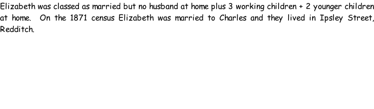 Elizabeth was classed as married but no husband at home plus 3 working children + 2 younger children at home.  On the 1871 census Elizabeth was married to Charles and they lived in Ipsley Street, Redditch.