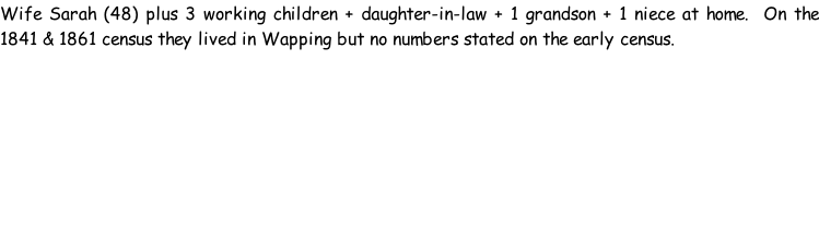 Wife Sarah (48) plus 3 working children + daughter-in-law + 1 grandson + 1 niece at home.  On the 1841 & 1861 census they lived in Wapping but no numbers stated on the early census.