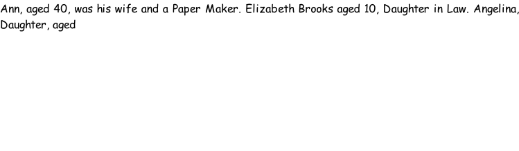 Ann, aged 40, was his wife and a Paper Maker. Elizabeth Brooks aged 10, Daughter in Law. Angelina, Daughter, aged