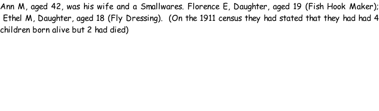 Ann M, aged 42, was his wife and a Smallwares. Florence E, Daughter, aged 19 (Fish Hook Maker);  Ethel M, Daughter, aged 18 (Fly Dressing).  (On the 1911 census they had stated that they had had 4 children born alive but 2 had died)