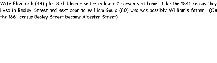 Wife Elizabeth (49) plus 3 children + sister-in-law + 2 servants at home.  Like the 1841 census they lived in Beoley Street and next door to William Gould (80) who was possibly William's father.  (On the 1861 census Beoley Street became Alcester Street)