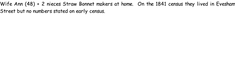 Wife Ann (48) + 2 nieces Straw Bonnet makers at home.  On the 1841 census they lived in Evesham Street but no numbers stated on early census.