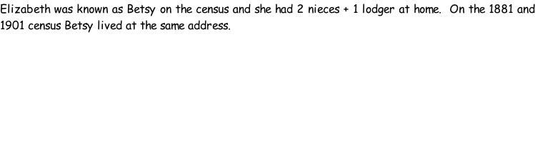 Elizabeth was known as Betsy on the census and she had 2 nieces + 1 lodger at home.  On the 1881 and 1901 census Betsy lived at the same address.