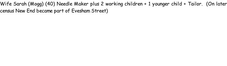 Wife Sarah (Mogg) (40) Needle Maker plus 2 working children + 1 younger child + Tailor.  (On later census New End became part of Evesham Street)