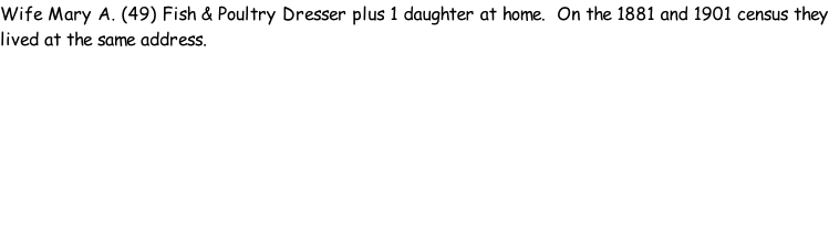 Wife Mary A. (49) Fish & Poultry Dresser plus 1 daughter at home.  On the 1881 and 1901 census they lived at the same address.