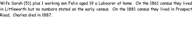 Wife Sarah (51) plus 1 working son Felix aged 19 a Labourer at home.  On the 1861 census they lived in Littleworth but no numbers stated on the early census.  On the 1881 census they lived in Prospect Road,  Charles died in 1887.