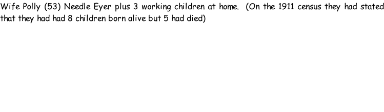 Wife Polly (53) Needle Eyer plus 3 working children at home.  (On the 1911 census they had stated that they had had 8 children born alive but 5 had died)