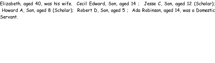 Elizabeth, aged 40, was his wife.  Cecil Edward, Son, aged 14 ;  Jesse C, Son, aged 12 (Scholar);  Howard A, Son, aged 8 (Scholar);  Robert D, Son, aged 5 ;  Ada Robinson, aged 14, was a Domestic Servant.