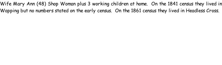 Wife Mary Ann (48) Shop Woman plus 3 working children at home.  On the 1841 census they lived in Wapping but no numbers stated on the early census.  On the 1861 census they lived in Headless Cross.