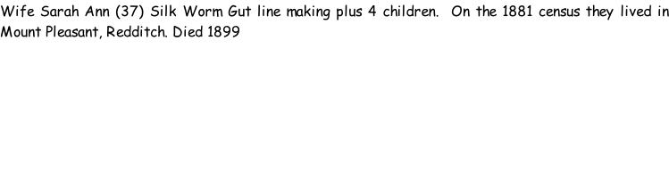 Wife Sarah Ann (37) Silk Worm Gut line making plus 4 children.  On the 1881 census they lived in Mount Pleasant, Redditch. Died 1899