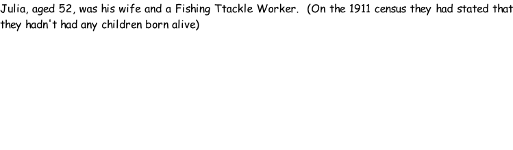 Julia, aged 52, was his wife and a Fishing Ttackle Worker.  (On the 1911 census they had stated that they hadn't had any children born alive)