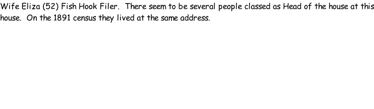 Wife Eliza (52) Fish Hook Filer.  There seem to be several people classed as Head of the house at this house.  On the 1891 census they lived at the same address.
