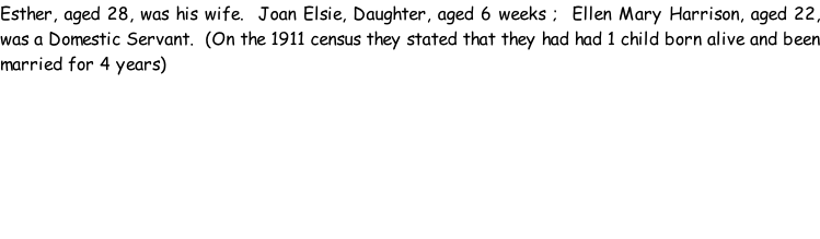 Esther, aged 28, was his wife.  Joan Elsie, Daughter, aged 6 weeks ;  Ellen Mary Harrison, aged 22, was a Domestic Servant.  (On the 1911 census they stated that they had had 1 child born alive and been married for 4 years)