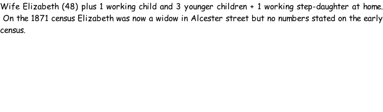 Wife Elizabeth (48) plus 1 working child and 3 younger children + 1 working step-daughter at home.  On the 1871 census Elizabeth was now a widow in Alcester street but no numbers stated on the early census.