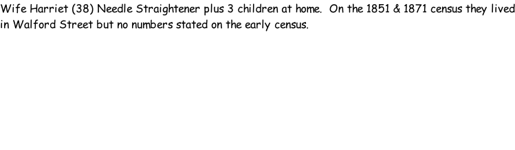 Wife Harriet (38) Needle Straightener plus 3 children at home.  On the 1851 & 1871 census they lived in Walford Street but no numbers stated on the early census.