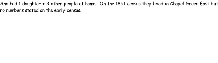 Ann had 1 daughter + 3 other people at home.  On the 1851 census they lived in Chapel Green East but no numbers stated on the early census.