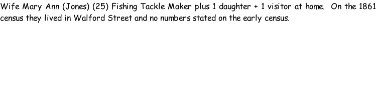 Wife Mary Ann (Jones) (25) Fishing Tackle Maker plus 1 daughter + 1 visitor at home.  On the 1861 census they lived in Walford Street and no numbers stated on the early census.