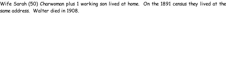 Wife Sarah (50) Charwoman plus 1 working son lived at home.  On the 1891 census they lived at the same address.  Walter died in 1908.
