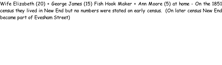 Wife Elizabeth (20) + George James (15) Fish Hook Maker + Ann Moore (5) at home - On the 1851 census they lived in New End but no numbers were stated on early census.  (On later census New End became part of Evesham Street)