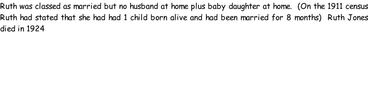 Ruth was classed as married but no husband at home plus baby daughter at home.  (On the 1911 census Ruth had stated that she had had 1 child born alive and had been married for 8 months)  Ruth Jones died in 1924