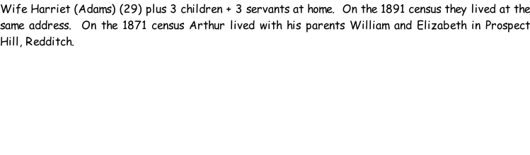 Wife Harriet (Adams) (29) plus 3 children + 3 servants at home.  On the 1891 census they lived at the same address.  On the 1871 census Arthur lived with his parents William and Elizabeth in Prospect Hill, Redditch.