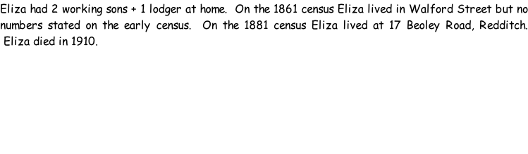 Eliza had 2 working sons + 1 lodger at home.  On the 1861 census Eliza lived in Walford Street but no numbers stated on the early census.  On the 1881 census Eliza lived at 17 Beoley Road, Redditch.  Eliza died in 1910.