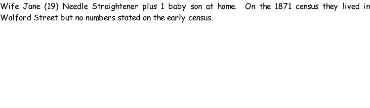 Wife Jane (19) Needle Straightener plus 1 baby son at home.  On the 1871 census they lived in Walford Street but no numbers stated on the early census.