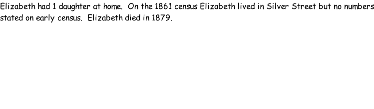 Elizabeth had 1 daughter at home.  On the 1861 census Elizabeth lived in Silver Street but no numbers stated on early census.  Elizabeth died in 1879.