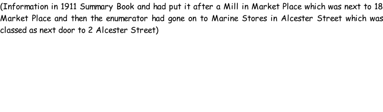 (Information in 1911 Summary Book and had put it after a Mill in Market Place which was next to 18 Market Place and then the enumerator had gone on to Marine Stores in Alcester Street which was classed as next door to 2 Alcester Street)