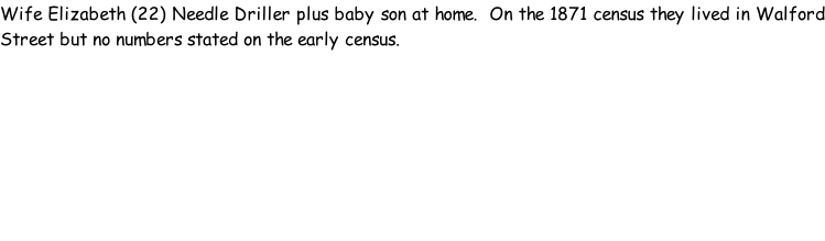 Wife Elizabeth (22) Needle Driller plus baby son at home.  On the 1871 census they lived in Walford Street but no numbers stated on the early census.