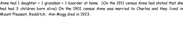 Anne had 1 daughter + 1 grandson + 1 boarder at home.  (On the 1911 census Anne had stated that she had had 3 children born alive) On the 1901 census Anne was married to Charles and they lived in Mount Pleasant, Redditch.  Ann Mogg died in 1923.