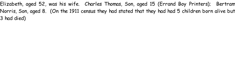 Elizabeth, aged 52, was his wife.  Charles Thomas, Son, aged 15 (Errand Boy Printers);  Bertram Norris, Son, aged 8.  (On the 1911 census they had stated that they had had 5 children born alive but 3 had died)