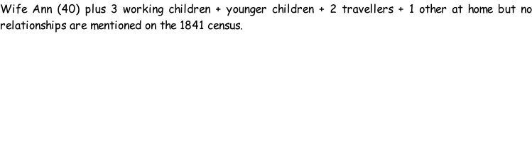 Wife Ann (40) plus 3 working children + younger children + 2 travellers + 1 other at home but no relationships are mentioned on the 1841 census.