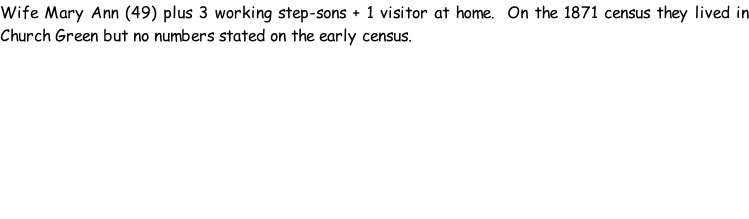 Wife Mary Ann (49) plus 3 working step-sons + 1 visitor at home.  On the 1871 census they lived in Church Green but no numbers stated on the early census.