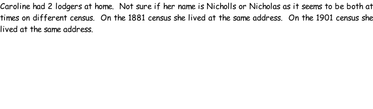 Caroline had 2 lodgers at home.  Not sure if her name is Nicholls or Nicholas as it seems to be both at times on different census.  On the 1881 census she lived at the same address.  On the 1901 census she lived at the same address.