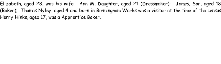 Elizabeth, aged 28, was his wife.  Ann M, Daughter, aged 21 (Dressmaker);  James, Son, aged 18 (Baker);  Thomas Nyley, aged 4 and born in Birmingham Warks was a visitor at the time of the census Henry Hinks, aged 17, was a Apprentice Baker.