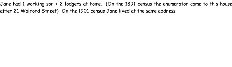 Jane had 1 working son + 2 lodgers at home.  (On the 1891 census the enumerator came to this house after 21 Walford Street)  On the 1901 census Jane lived at the same address.