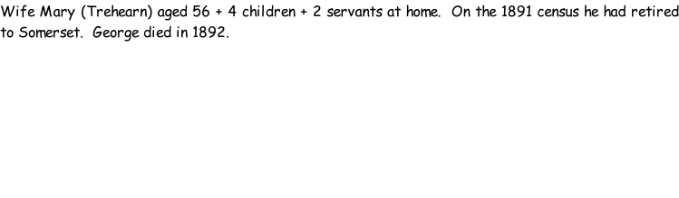 Wife Mary (Trehearn) aged 56 + 4 children + 2 servants at home.  On the 1891 census he had retired to Somerset.  George died in 1892.