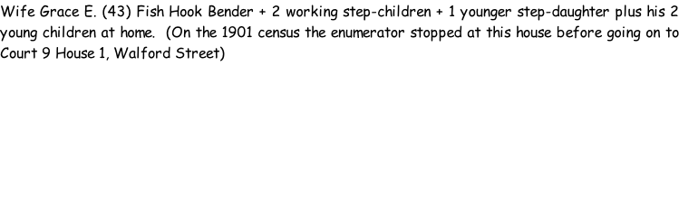 Wife Grace E. (43) Fish Hook Bender + 2 working step-children + 1 younger step-daughter plus his 2 young children at home.  (On the 1901 census the enumerator stopped at this house before going on to Court 9 House 1, Walford Street)