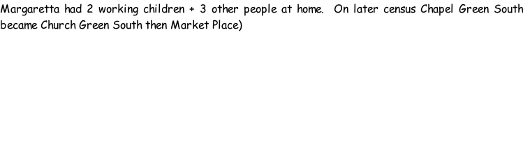Margaretta had 2 working children + 3 other people at home.  On later census Chapel Green South became Church Green South then Market Place)
