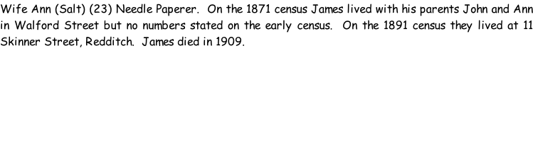 Wife Ann (Salt) (23) Needle Paperer.  On the 1871 census James lived with his parents John and Ann in Walford Street but no numbers stated on the early census.  On the 1891 census they lived at 11 Skinner Street, Redditch.  James died in 1909.