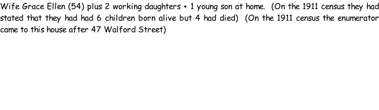 Wife Grace Ellen (54) plus 2 working daughters + 1 young son at home.  (On the 1911 census they had stated that they had had 6 children born alive but 4 had died)  (On the 1911 census the enumerator came to this house after 47 Walford Street)
