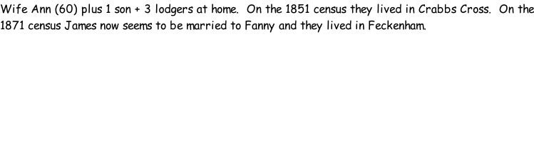 Wife Ann (60) plus 1 son + 3 lodgers at home.  On the 1851 census they lived in Crabbs Cross.  On the 1871 census James now seems to be married to Fanny and they lived in Feckenham.
