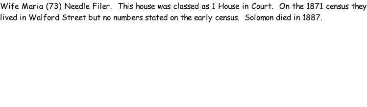 Wife Maria (73) Needle Filer.  This house was classed as 1 House in Court.  On the 1871 census they lived in Walford Street but no numbers stated on the early census.  Solomon died in 1887.