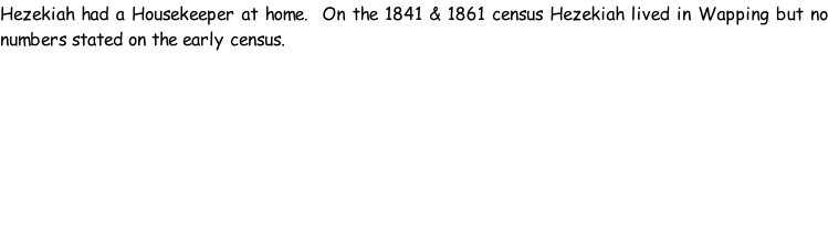 Hezekiah had a Housekeeper at home.  On the 1841 & 1861 census Hezekiah lived in Wapping but no numbers stated on the early census.